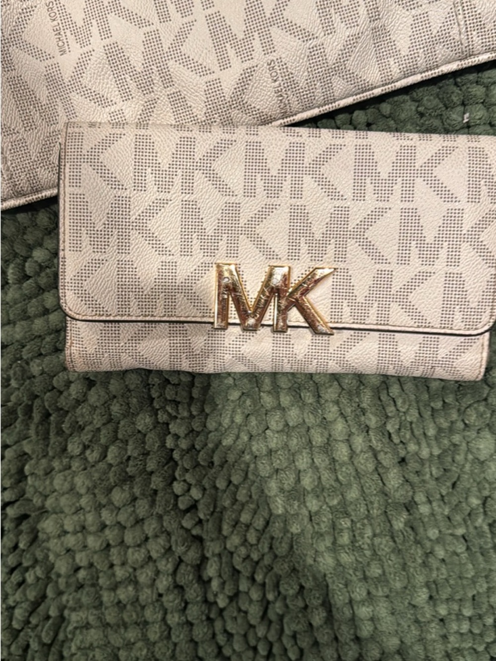 Michael Kors Cream MK Monogram Tote with Tan Trim and Gold Charm - Picture 2 of 6